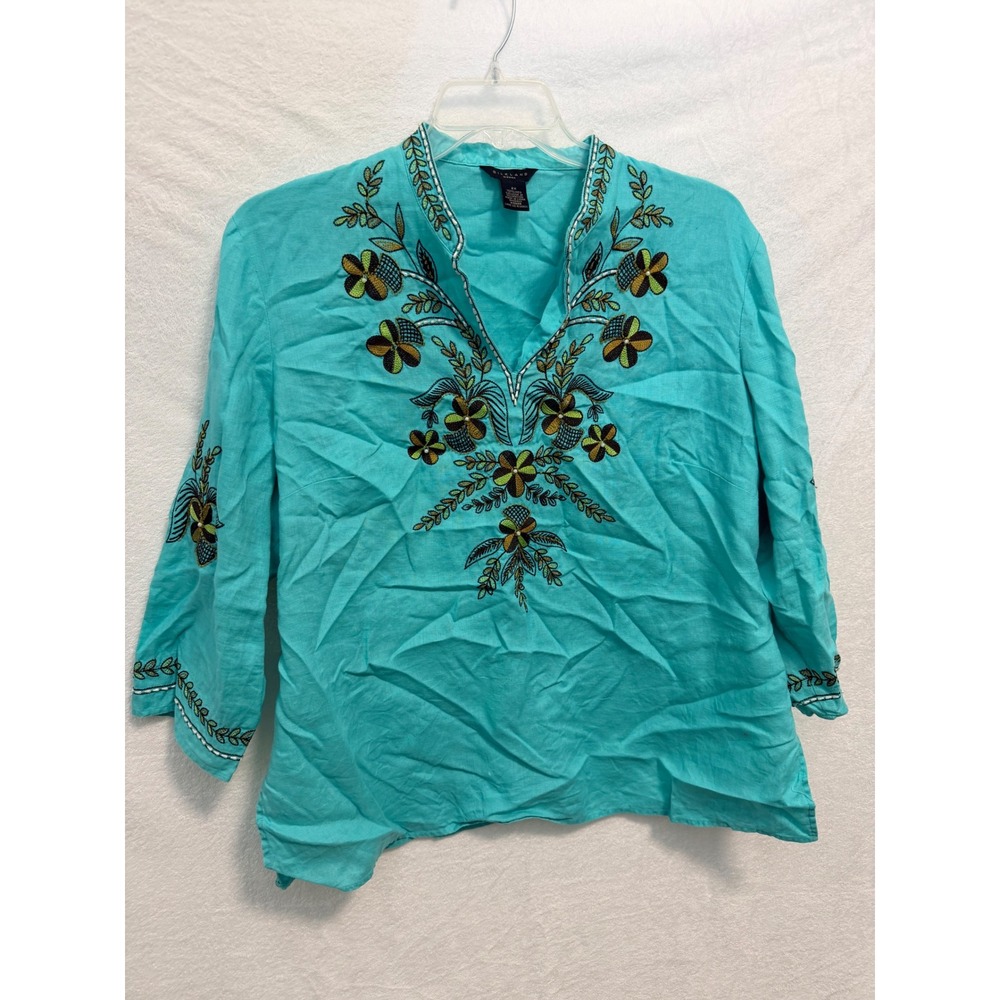 Silkland Woman Turquoise 100% Linen Embroidered Beaded Tunic Top Plus Size 2X